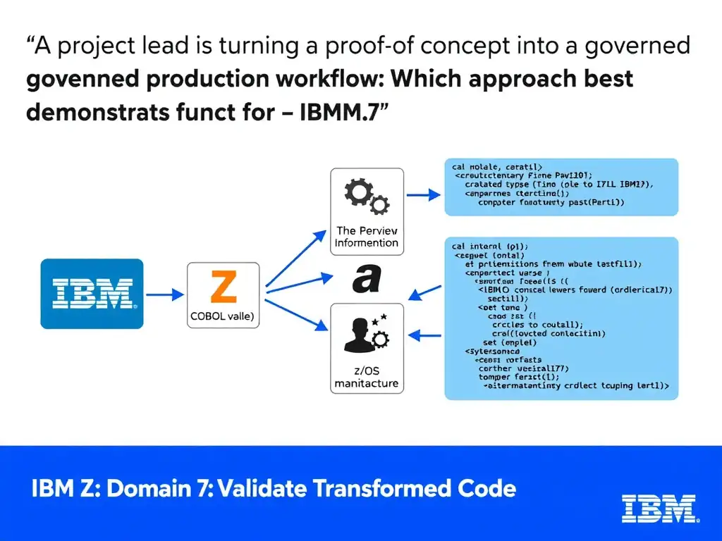 Educational infographic for IBM mainframe certification: A project lead is turning a proof of concept into a governed production workflow. Which approach best demonstrates funct. Domain: Domain 7: Validate Transformed Code. Show a clean technical diagram with IBM Z system components, COBOL code snippets, z/OS architecture elements, and clear labels. Professional blue and white color scheme.