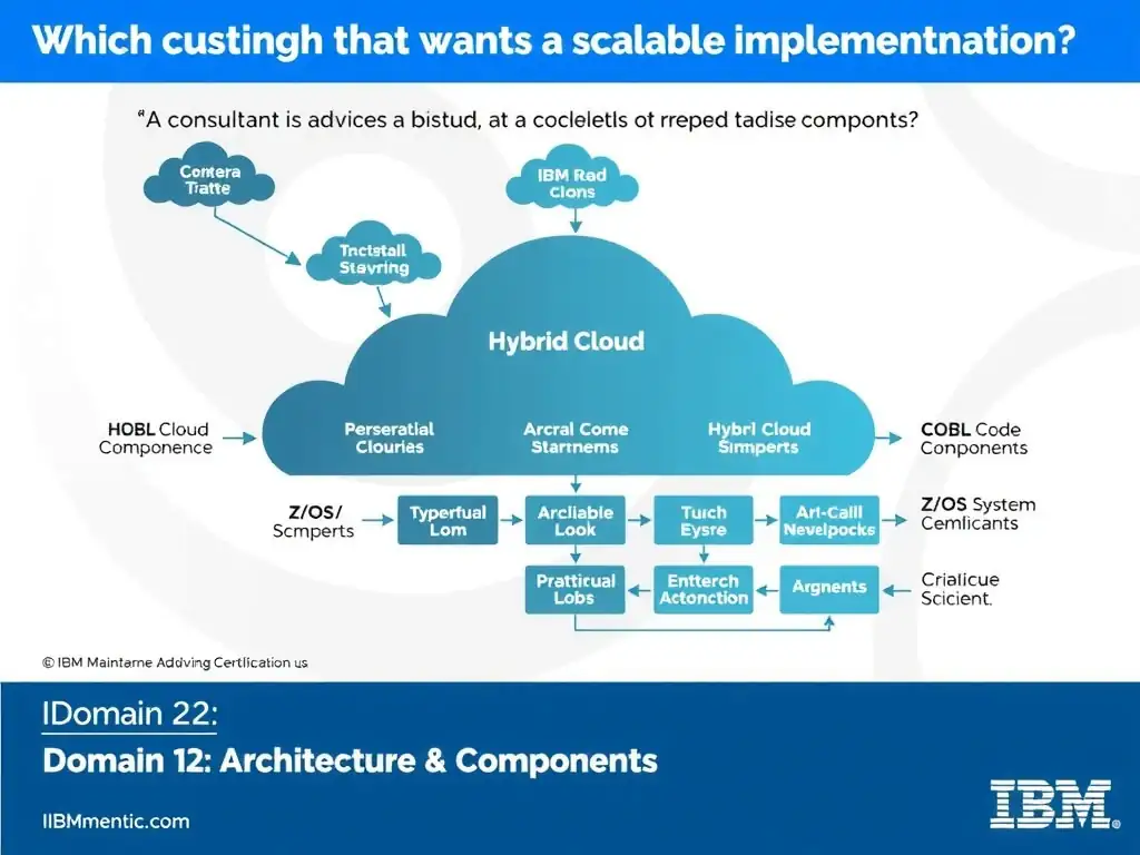 Educational infographic for IBM mainframe certification: A consultant is advising a customer that wants a scalable implementation. Which approach best demonstrates hybrid cloud . Domain: Domain 2: Architecture & Components. Show a clean technical diagram with IBM Z system components, COBOL code snippets, z/OS architecture elements, and clear labels. Professional blue and white color scheme.