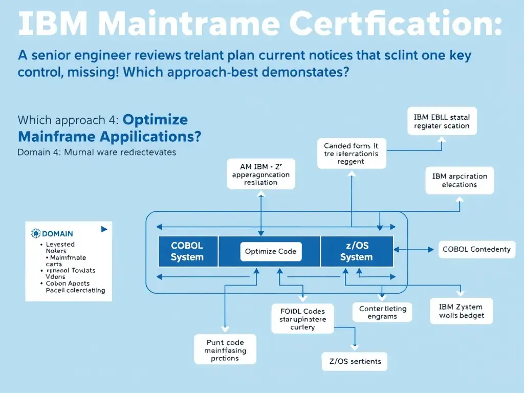 Educational infographic for IBM mainframe certification: A senior engineer reviews the current plan and notices that one key control is missing. Which approach best demonstrates. Domain: Domain 4: Optimize Mainframe Applications. Show a clean technical diagram with IBM Z system components, COBOL code snippets, z/OS architecture elements, and clear labels. Professional blue and white color scheme.