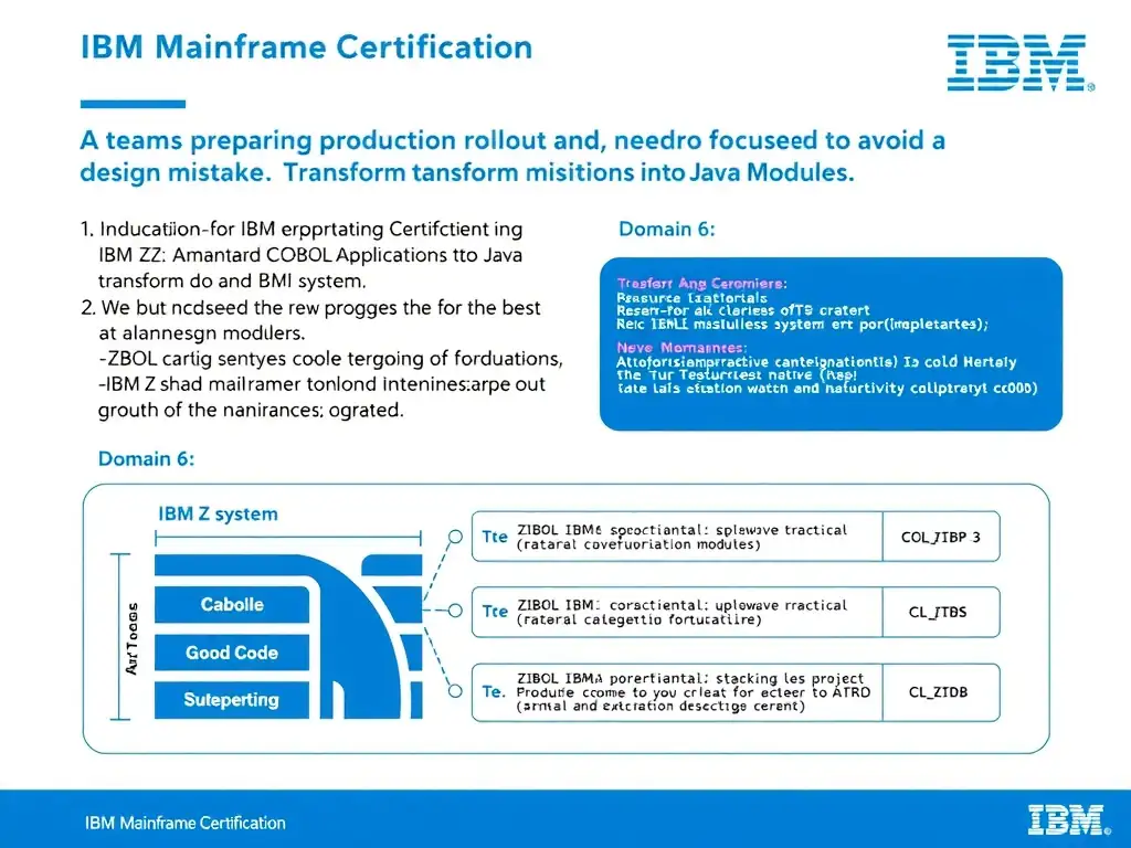 Educational infographic for IBM mainframe certification: A team is preparing a production rollout and needs to avoid a design mistake. The team is focused on selective transform. Domain: Domain 6: Transform COBOL Applications into Java Modules. Show a clean technical diagram with IBM Z system components, COBOL code snippets, z/OS architecture elements, and clear labels. Professional blue and white color scheme.