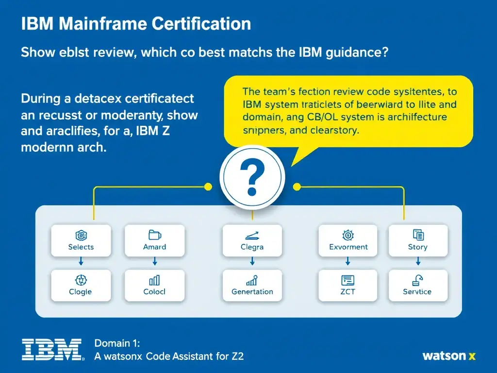 Educational infographic for IBM mainframe certification: During a design review, an architect asks which choice best matches the IBM guidance. The team is focused on modern arch. Domain: Domain 1: watsonx Code Assistant for Z Overview. Show a clean technical diagram with IBM Z system components, COBOL code snippets, z/OS architecture elements, and clear labels. Professional blue and white color scheme.
