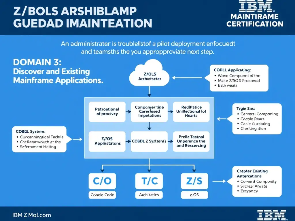 Educational infographic for IBM mainframe certification: An administrator is troubleshooting a pilot deployment and wants the most appropriate next step. The team is focused on . Domain: Domain 3: Discover and Explain Existing Mainframe Applications. Show a clean technical diagram with IBM Z system components, COBOL code snippets, z/OS architecture elements, and clear labels. Professional blue and white color scheme.