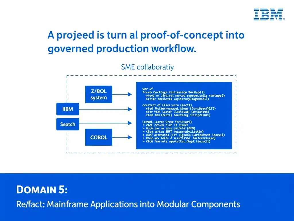 Educational infographic for IBM mainframe certification: A project lead is turning a proof of concept into a governed production workflow. The team is focused on SME collaborati. Domain: Domain 5: Refactor Mainframe Applications into Modular Components. Show a clean technical diagram with IBM Z system components, COBOL code snippets, z/OS architecture elements, and clear labels. Professional blue and white color scheme.