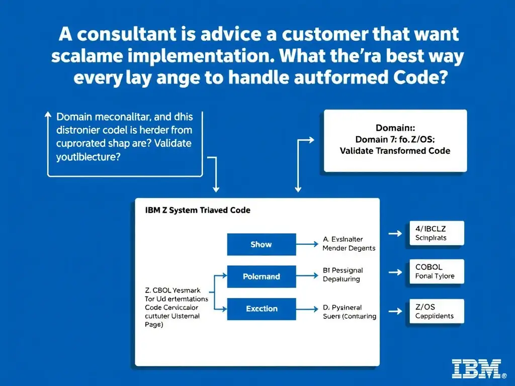 Educational infographic for IBM mainframe certification: A consultant is advising a customer that wants a scalable implementation. What is the best way to handle automated valid. Domain: Domain 7: Validate Transformed Code. Show a clean technical diagram with IBM Z system components, COBOL code snippets, z/OS architecture elements, and clear labels. Professional blue and white color scheme.