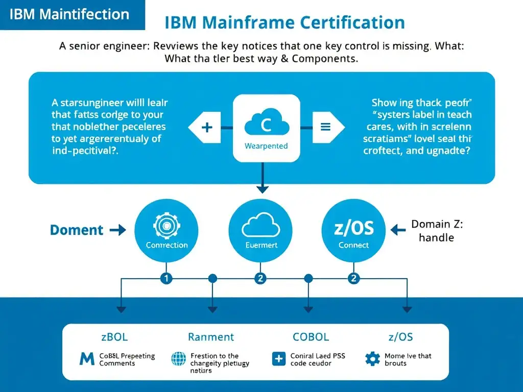 Educational infographic for IBM mainframe certification: A senior engineer reviews the current plan and notices that one key control is missing. What is the best way to handle c. Domain: Domain 2: Architecture & Components. Show a clean technical diagram with IBM Z system components, COBOL code snippets, z/OS architecture elements, and clear labels. Professional blue and white color scheme.