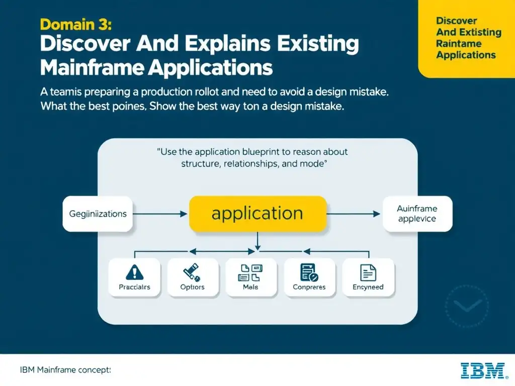 Create a clean educational infographic about IBM Mainframe concepts for Domain 3 Discover And Explain Existing Mainframe Applications. Visually represent: A team is preparing a production rollout and needs to avoid a design mistake. What is the best way to handle application Show a labeled diagram highlighting 'Use the application blueprint to reason about structure, relationships, and mode' as the correct approach. Include icons for mainframe components, arrows showing relationships, and a clear visual hierarchy..