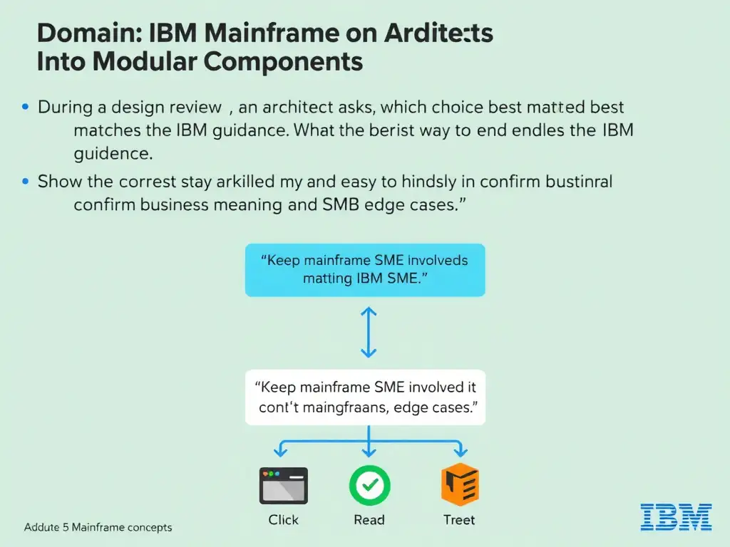 Create a clean educational infographic about IBM Mainframe concepts for Domain 5 Refactor Mainframe Applications Into Modular Components. Visually represent: During a design review, an architect asks which choice best matches the IBM guidance. What is the best way to handle SME Show a labeled diagram highlighting 'Keep mainframe SMEs involved to confirm business meaning and edge cases.' as the correct approach. Include icons for mainframe components, arrows showing relationships, and a clear visual hierarchy..