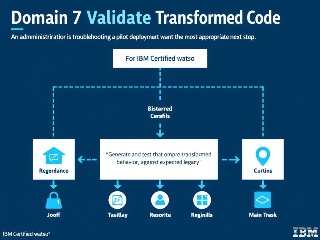 Create a clean educational infographic about IBM Mainframe concepts for Domain 7 Validate Transformed Code. Visually represent: An administrator is troubleshooting a pilot deployment and wants the most appropriate next step. For IBM Certified watso Show a labeled diagram highlighting 'Generate and run tests that compare transformed behavior against expected legacy' as the correct approach. Include icons for mainframe components, arrows showing relationships, and a clear visual hierarchy. Use blue and white color scheme with IBM-style clean technical aesthetic.