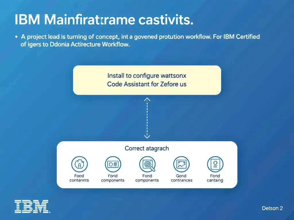 Create a clean educational infographic about IBM Mainframe concepts for Domain 2 Architecture & Components. Visually represent: A project lead is turning a proof of concept into a governed production workflow. For IBM Certified watsonx Mainframe Mo Show a labeled diagram highlighting 'Install and configure required watsonx Code Assistant for Z components before us' as the correct approach. Include icons for mainframe components, arrows showing relationships, and a clear visual hierarchy. Use blue and white.