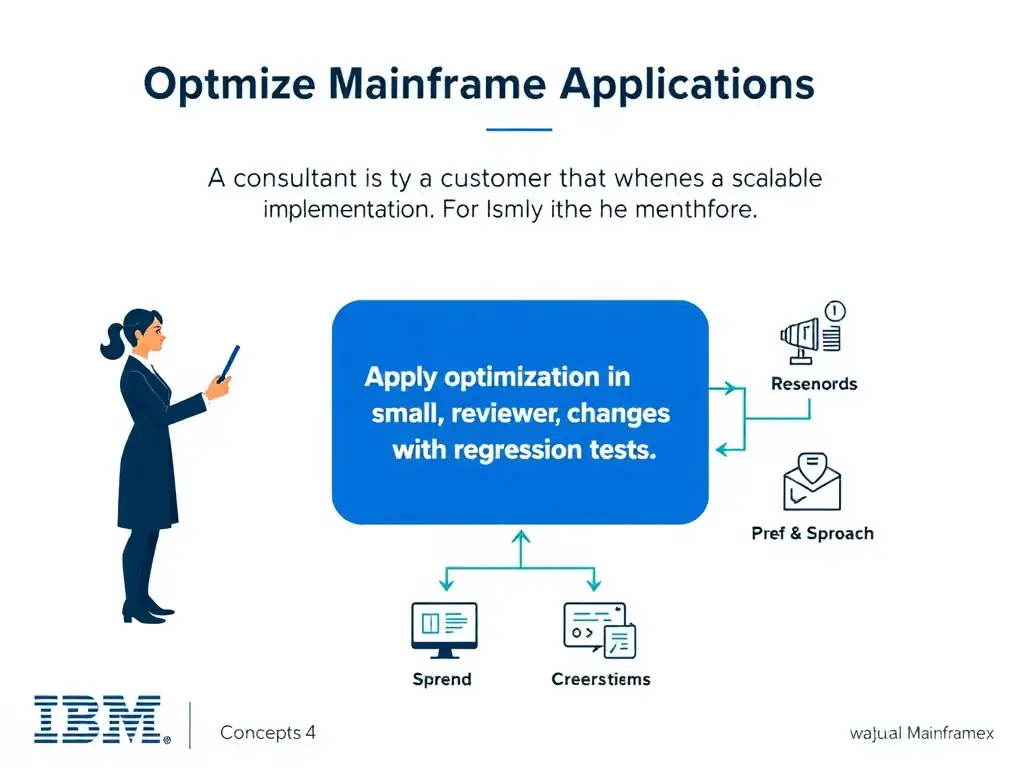 Create a clean educational infographic about IBM Mainframe concepts for Domain 4 Optimize Mainframe Applications. Visually represent: A consultant is advising a customer that wants a scalable implementation. For IBM Certified watsonx Mainframe Modernizat Show a labeled diagram highlighting 'Apply optimization in small, reviewable changes with regression tests.' as the correct approach. Include icons for mainframe components, arrows showing relationships, and a clear visual hierarchy. Use blue and white color scheme with IBM-style clean technical aesthetic.