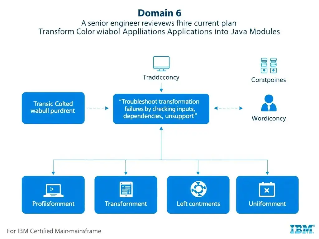 Create a clean educational infographic about IBM Mainframe concepts for Domain 6 Transform Cobol Applications Into Java Modules. Visually represent: A senior engineer reviews the current plan and notices that one key control is missing. For IBM Certified watsonx Mainfr Show a labeled diagram highlighting 'Troubleshoot transformation failures by checking inputs, dependencies, unsupport' as the correct approach. Include icons for mainframe components, arrows showing relationships, and a clear visual hierarchy. Use blue and white color.
