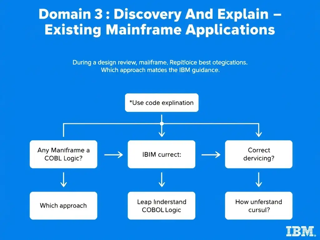 Create a clean educational infographic about IBM Mainframe concepts for Domain 3 Discover And Explain Existing Mainframe Applications. Visually represent: During a design review, an architect asks which choice best matches the IBM guidance. Which approach best demonstrates c Show a labeled diagram highlighting 'Use code explanation to help teams understand COBOL logic while validating resul' as the correct approach. Include icons for mainframe components, arrows showing relationships, and a clear visual hierarchy. Use blue.