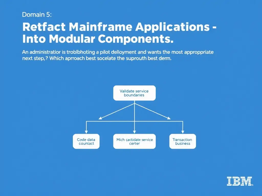 Create a clean educational infographic about IBM Mainframe concepts for Domain 5 Refactor Mainframe Applications Into Modular Components. Visually represent: An administrator is troubleshooting a pilot deployment and wants the most appropriate next step. Which approach best dem Show a labeled diagram highlighting 'Validate candidate service boundaries with code, data, transaction, and business' as the correct approach. Include icons for mainframe components, arrows showing relationships, and a clear visual hierarchy. Use blue and white color.