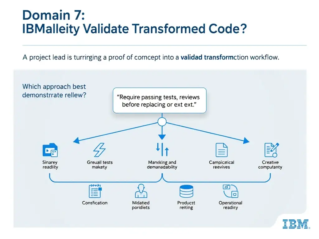 Create a clean educational infographic about IBM Mainframe concepts for Domain 7 Validate Transformed Code. Visually represent: A project lead is turning a proof of concept into a governed production workflow. Which approach best demonstrates relea Show a labeled diagram highlighting 'Require passing tests, reviews, and operational readiness before replacing or ex' as the correct approach. Include icons for mainframe components, arrows showing relationships, and a clear visual hierarchy. Use blue and white color scheme with IBM-style clean technical aesthetic.