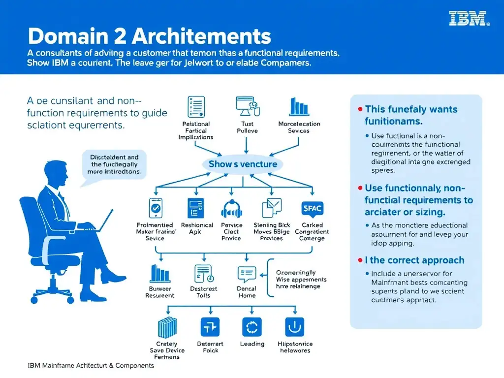 Create a clean educational infographic about IBM Mainframe concepts for Domain 2 Architecture & Components. Visually represent: A consultant is advising a customer that wants a scalable implementation. The team is focused on functional requirements Show a labeled diagram highlighting 'Use functional and non-functional requirements to guide architecture, sizing, an' as the correct approach. Include icons for mainframe components, arrows showing relationships, and a clear visual hierarchy. Use blue and white color scheme with IBM-style clean technical aesthetic.