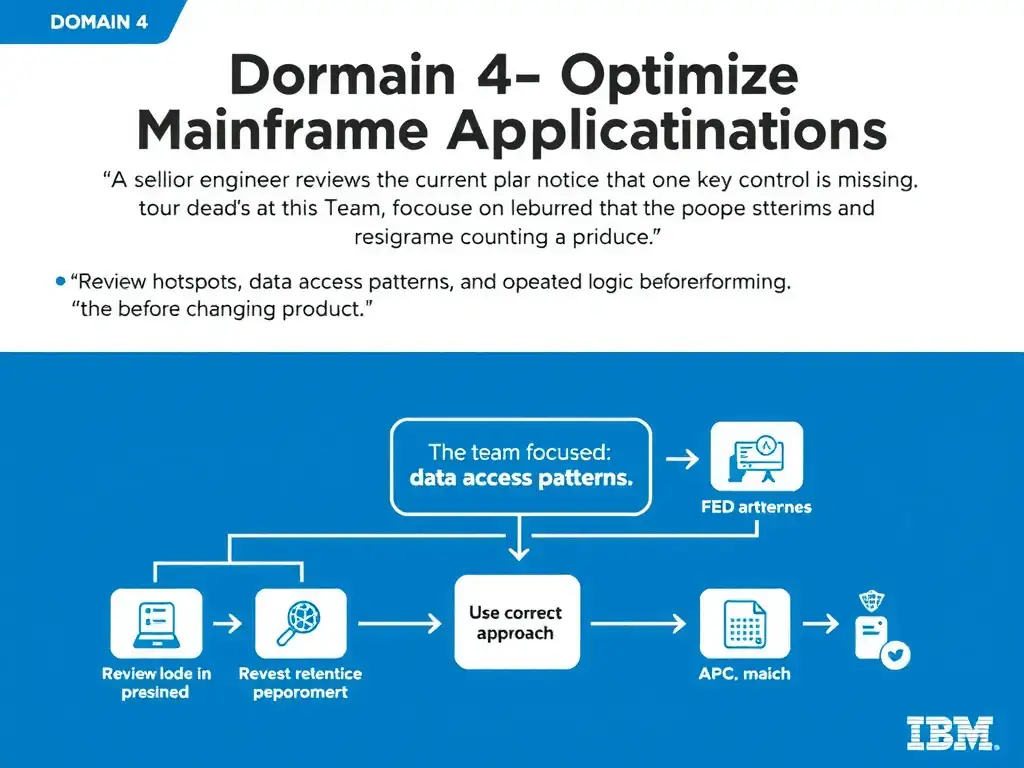 Create a clean educational infographic about IBM Mainframe concepts for Domain 4 Optimize Mainframe Applications. Visually represent: A senior engineer reviews the current plan and notices that one key control is missing. The team is focused on performan Show a labeled diagram highlighting 'Review hotspots, data access patterns, and repeated logic before changing produc' as the correct approach. Include icons for mainframe components, arrows showing relationships, and a clear visual hierarchy. Use blue and white.