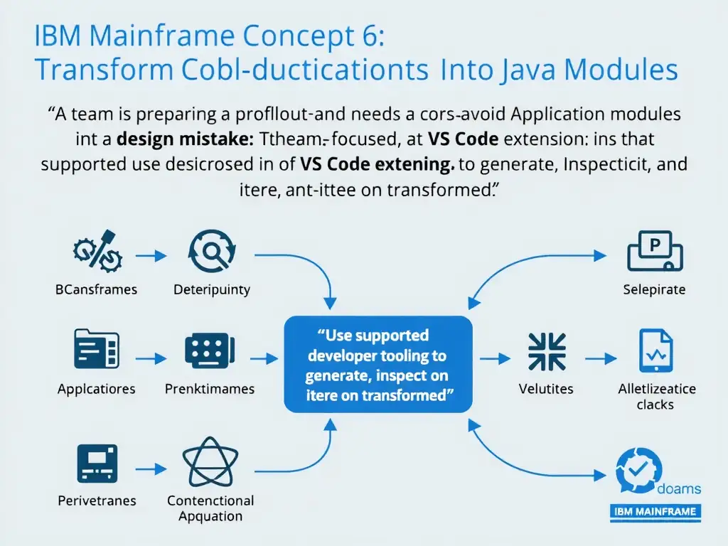 Create a clean educational infographic about IBM Mainframe concepts for Domain 6 Transform Cobol Applications Into Java Modules. Visually represent: A team is preparing a production rollout and needs to avoid a design mistake. The team is focused on VS Code extension w Show a labeled diagram highlighting 'Use supported developer tooling to generate, inspect, and iterate on transformed' as the correct approach. Include icons for mainframe components, arrows showing relationships, and a clear visual.