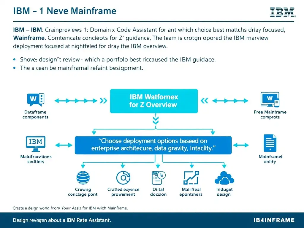 Create a clean educational infographic about IBM Mainframe concepts for Domain 1 Watsonx Code Assistant For Z Overview. Visually represent: During a design review, an architect asks which choice best matches the IBM guidance. The team is focused on deployment Show a labeled diagram highlighting 'Choose deployment options based on enterprise architecture, data gravity, integr' as the correct approach. Include icons for mainframe components, arrows showing relationships, and a clear visual hierarchy. Use blue and.
