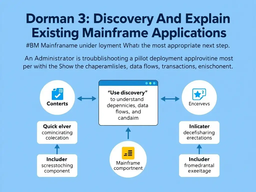 Create a clean educational infographic about IBM Mainframe concepts for Domain 3 Discover And Explain Existing Mainframe Applications. Visually represent: An administrator is troubleshooting a pilot deployment and wants the most appropriate next step. What is the best way to Show a labeled diagram highlighting 'Use discovery to understand dependencies, data flows, transactions, and candidat' as the correct approach. Include icons for mainframe components, arrows showing relationships, and a clear visual hierarchy. Use blue and.