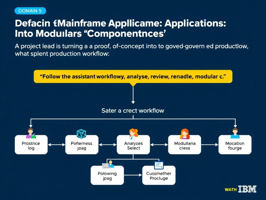 Create a clean educational infographic about IBM Mainframe concepts for Domain 5 Refactor Mainframe Applications Into Modular Components. Visually represent: A project lead is turning a proof of concept into a governed production workflow. What is the best way to handle refacto Show a labeled diagram highlighting 'Follow the assistant workflow to analyze, select, review, and generate modular c' as the correct approach. Include icons for mainframe components, arrows showing relationships, and a clear visual.