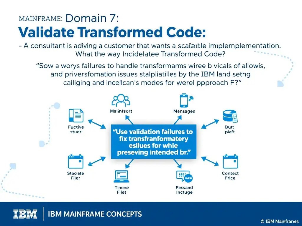 Create a clean educational infographic about IBM Mainframe concepts for Domain 7 Validate Transformed Code. Visually represent: A consultant is advising a customer that wants a scalable implementation. What is the best way to handle validation erro Show a labeled diagram highlighting 'Use validation failures to fix transformation issues while preserving intended b' as the correct approach. Include icons for mainframe components, arrows showing relationships, and a clear visual hierarchy. Use blue and white color.