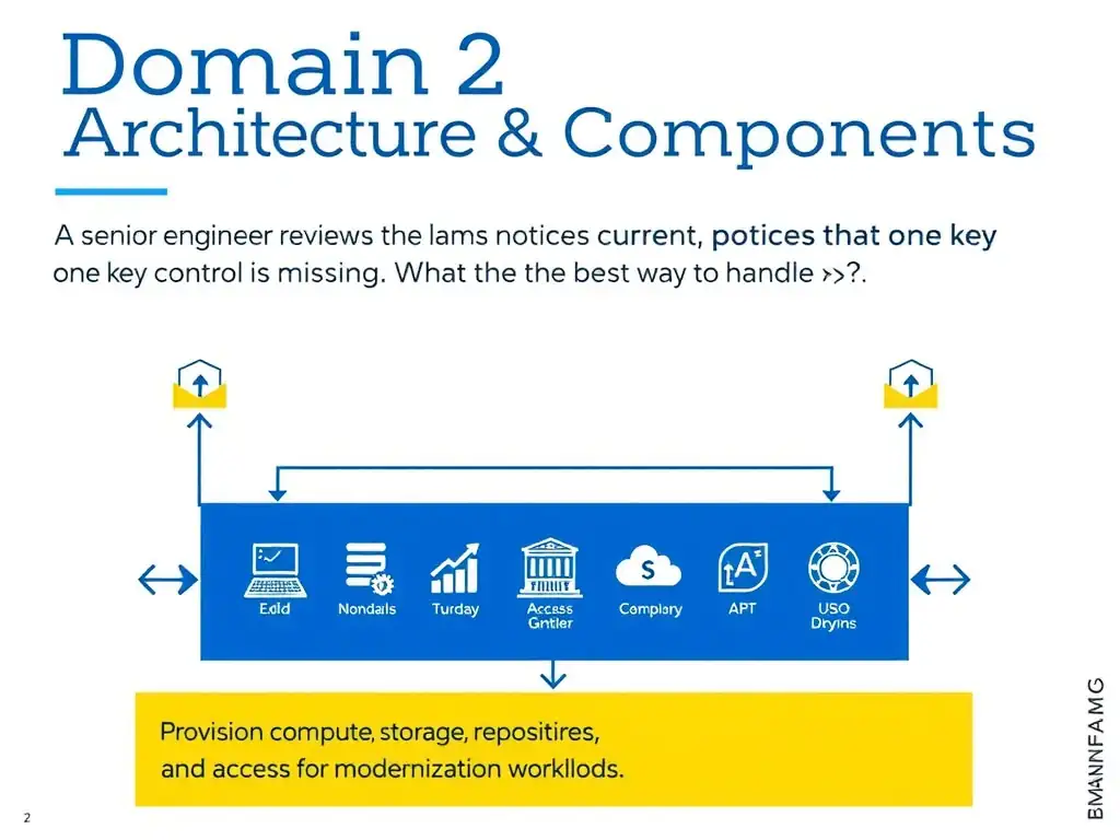 Create a clean educational infographic about IBM Mainframe concepts for Domain 2 Architecture & Components. Visually represent: A senior engineer reviews the current plan and notices that one key control is missing. What is the best way to handle r Show a labeled diagram highlighting 'Provision compute, storage, repositories, and access for modernization workloads' as the correct approach. Include icons for mainframe components, arrows showing relationships, and a clear visual hierarchy. Use blue and white.