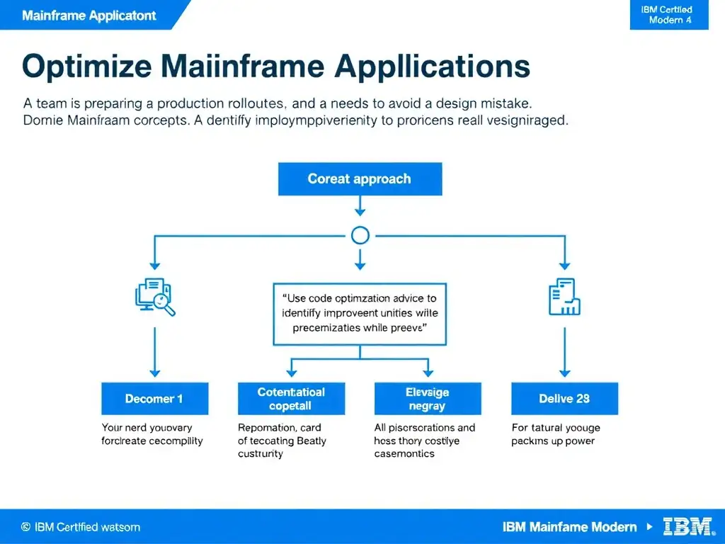 Create a clean educational infographic about IBM Mainframe concepts for Domain 4 Optimize Mainframe Applications. Visually represent: A team is preparing a production rollout and needs to avoid a design mistake. For IBM Certified watsonx Mainframe Modern Show a labeled diagram highlighting 'Use code optimization advice to identify improvement opportunities while preserv' as the correct approach. Include icons for mainframe components, arrows showing relationships, and a clear visual hierarchy. Use blue and white color scheme with IBM-style clean technical aesthetic.