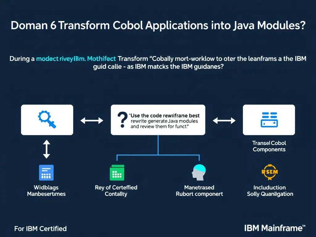 Create a clean educational infographic about IBM Mainframe concepts for Domain 6 Transform Cobol Applications Into Java Modules. Visually represent: During a design review, an architect asks which choice best matches the IBM guidance. For IBM Certified watsonx Mainfram Show a labeled diagram highlighting 'Use the code rewrite workflow to generate Java modules and review them for funct' as the correct approach. Include icons for mainframe components, arrows showing relationships, and a clear visual hierarchy..