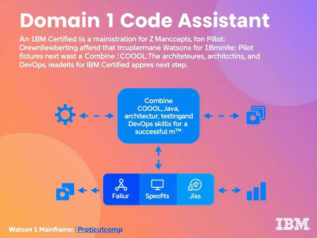 Create a clean educational infographic about IBM Mainframe concepts for Domain 1 Watsonx Code Assistant For Z Overview. Visually represent: An administrator is troubleshooting a pilot deployment and wants the most appropriate next step. For IBM Certified watso Show a labeled diagram highlighting 'Combine COBOL, Java, architecture, testing, and DevOps skills for a successful m' as the correct approach. Include icons for mainframe components, arrows showing relationships, and a clear visual hierarchy. Use blue and.