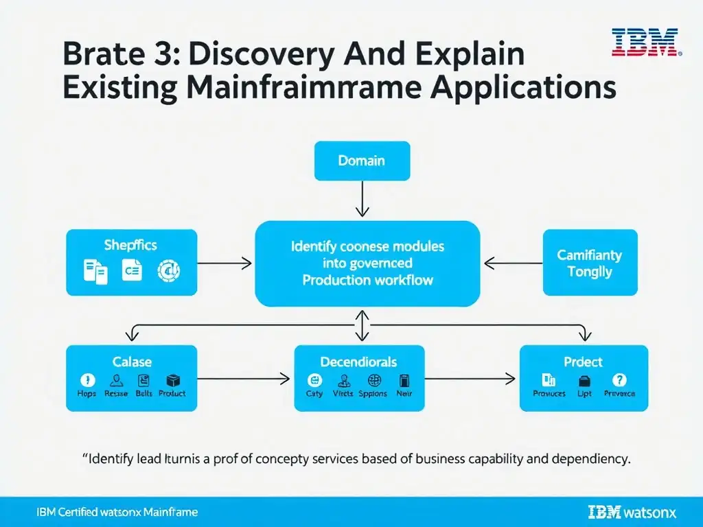 Create a clean educational infographic about IBM Mainframe concepts for Domain 3 Discover And Explain Existing Mainframe Applications. Visually represent: A project lead is turning a proof of concept into a governed production workflow. For IBM Certified watsonx Mainframe Mo Show a labeled diagram highlighting 'Identify cohesive modules or services based on business capability and dependenc' as the correct approach. Include icons for mainframe components, arrows showing relationships, and a clear visual hierarchy. Use blue.