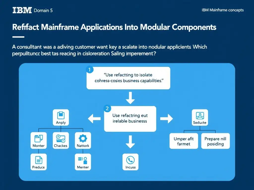 Create a clean educational infographic about IBM Mainframe concepts for Domain 5 Refactor Mainframe Applications Into Modular Components. Visually represent: A consultant is advising a customer that wants a scalable implementation. Which approach best demonstrates refactoring u Show a labeled diagram highlighting 'Use refactoring to isolate cohesive business capabilities and prepare them for m' as the correct approach. Include icons for mainframe components, arrows showing relationships, and a clear visual hierarchy. Use blue and white.