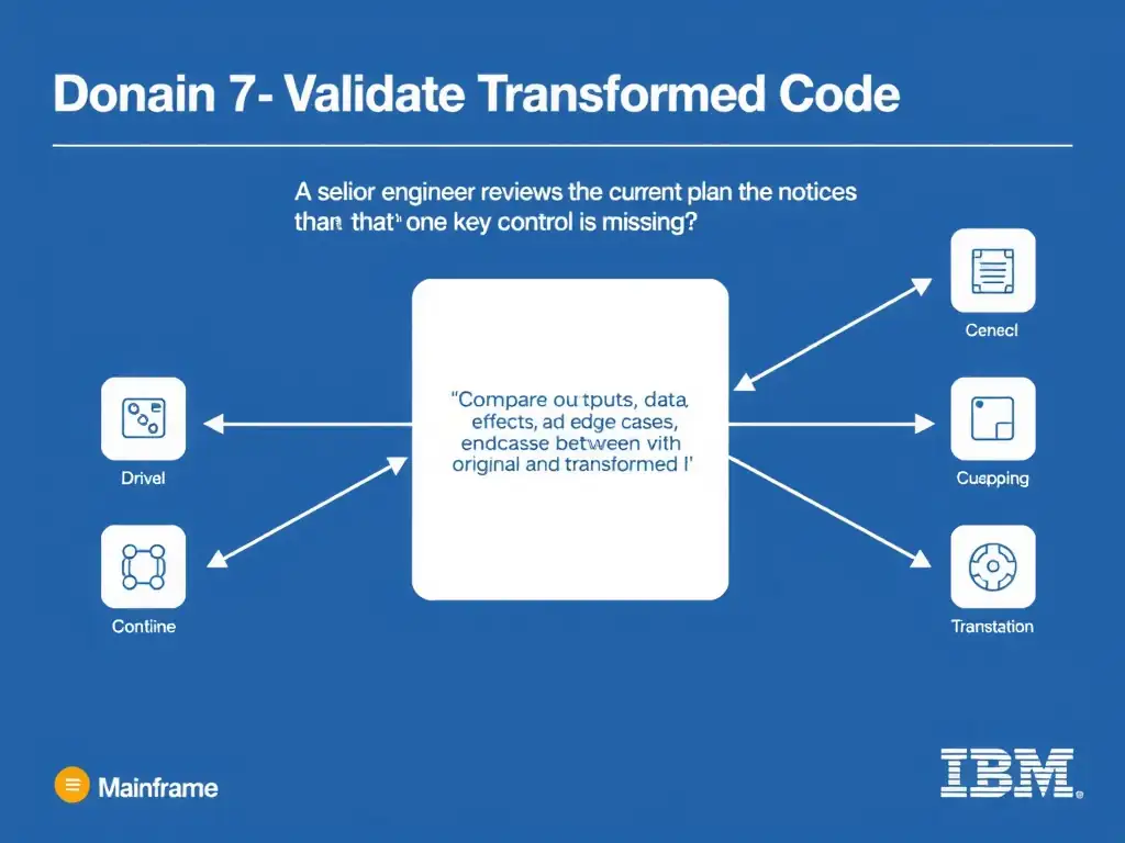 Create a clean educational infographic about IBM Mainframe concepts for Domain 7 Validate Transformed Code. Visually represent: A senior engineer reviews the current plan and notices that one key control is missing. Which approach best demonstrates Show a labeled diagram highlighting 'Compare outputs, data effects, and edge cases between original and transformed i' as the correct approach. Include icons for mainframe components, arrows showing relationships, and a clear visual hierarchy. Use blue and white color.