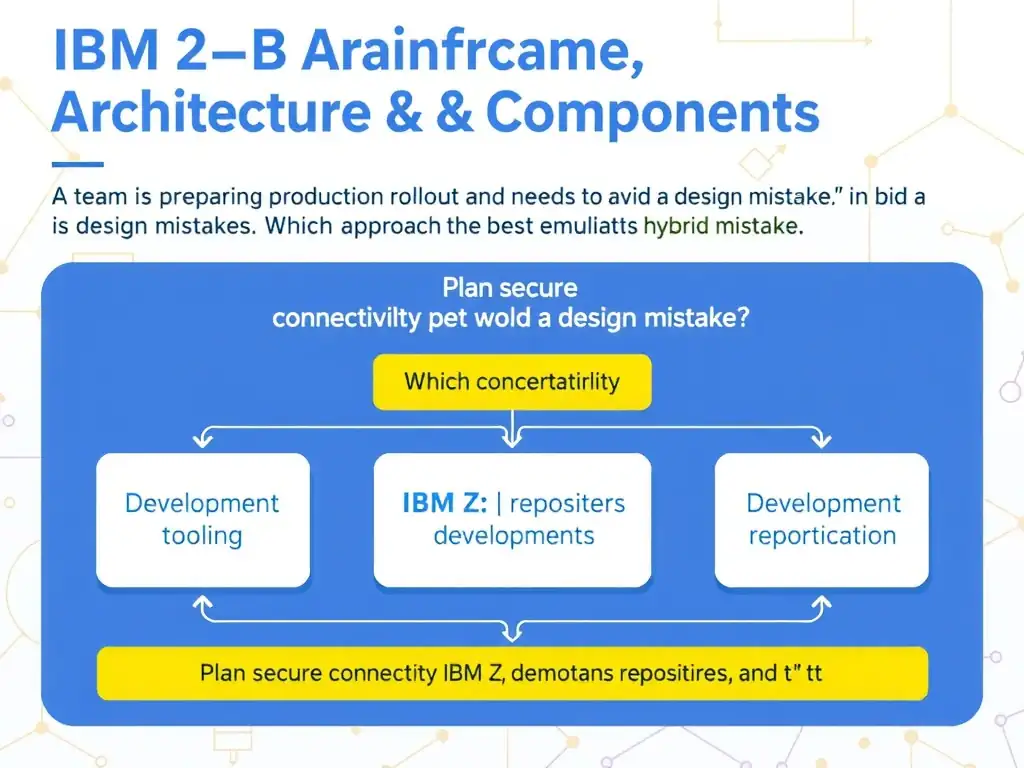 Create a clean educational infographic about IBM Mainframe concepts for Domain 2 Architecture & Components. Visually represent: A team is preparing a production rollout and needs to avoid a design mistake. Which approach best demonstrates hybrid cl Show a labeled diagram highlighting 'Plan secure connectivity between IBM Z, development tooling, repositories, and t' as the correct approach. Include icons for mainframe components, arrows showing relationships, and a clear visual hierarchy. Use blue and white color.