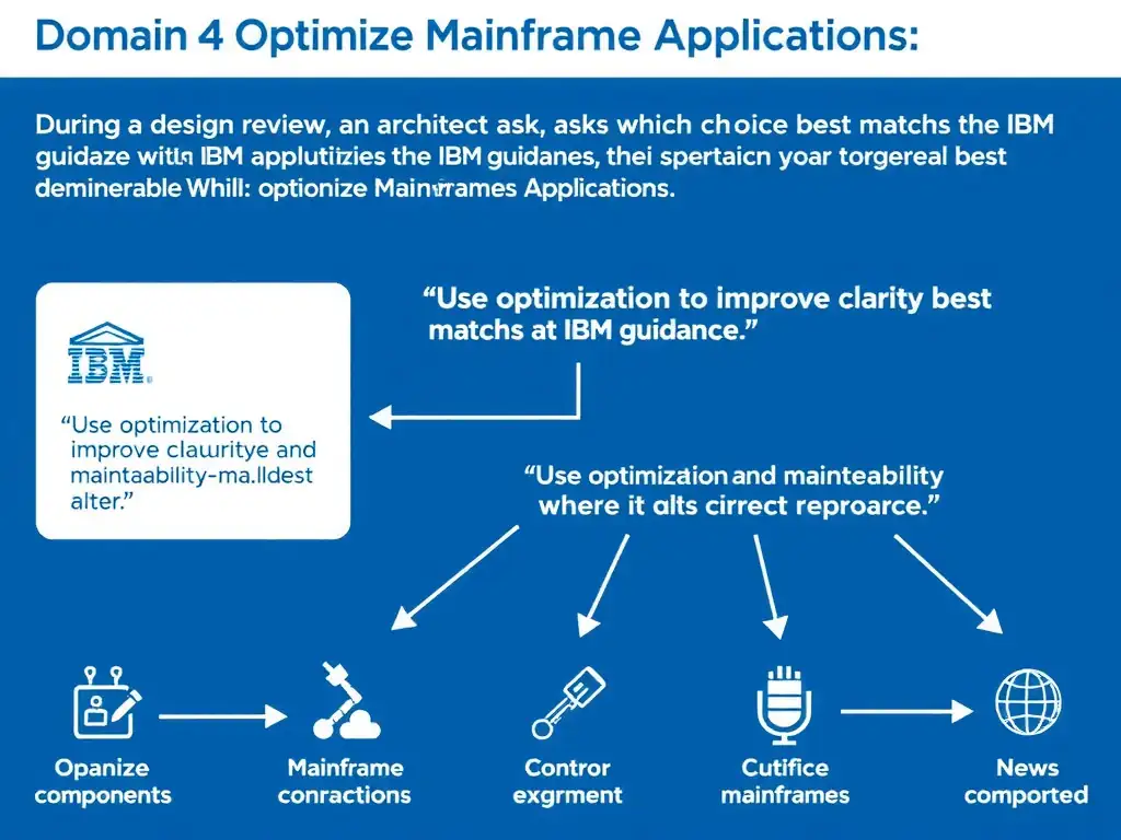 Create a clean educational infographic about IBM Mainframe concepts for Domain 4 Optimize Mainframe Applications. Visually represent: During a design review, an architect asks which choice best matches the IBM guidance. Which approach best demonstrates m Show a labeled diagram highlighting 'Use optimization to improve clarity and maintainability where it does not alter' as the correct approach. Include icons for mainframe components, arrows showing relationships, and a clear visual hierarchy. Use blue and white color.