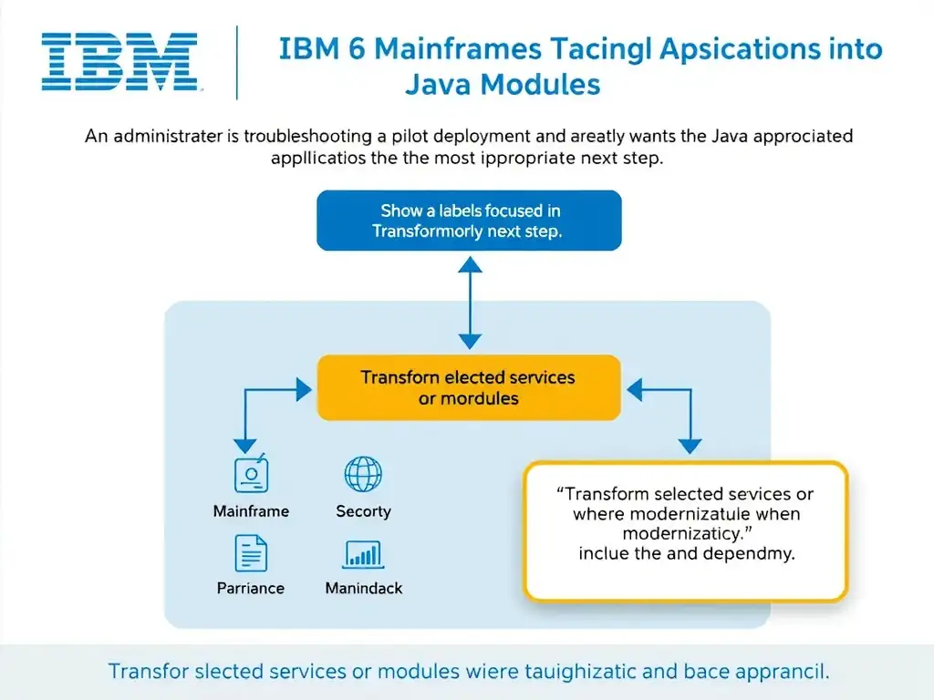 Create a clean educational infographic about IBM Mainframe concepts for Domain 6 Transform Cobol Applications Into Java Modules. Visually represent: An administrator is troubleshooting a pilot deployment and wants the most appropriate next step. The team is focused on Show a labeled diagram highlighting 'Transform selected services or modules where modernization value and dependency' as the correct approach. Include icons for mainframe components, arrows showing relationships, and a clear visual hierarchy. Use blue and white.