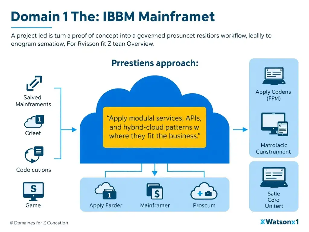 Create a clean educational infographic about IBM Mainframe concepts for Domain 1 Watsonx Code Assistant For Z Overview. Visually represent: A project lead is turning a proof of concept into a governed production workflow. The team is focused on modern architec Show a labeled diagram highlighting 'Apply modular services, APIs, and hybrid-cloud patterns where they fit the busin' as the correct approach. Include icons for mainframe components, arrows showing relationships, and a clear visual hierarchy..