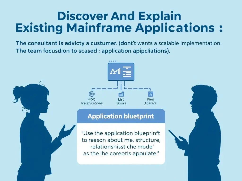 Create a clean educational infographic about IBM Mainframe concepts for Domain 3 Discover And Explain Existing Mainframe Applications. Visually represent: A consultant is advising a customer that wants a scalable implementation. The team is focused on application blueprint. Show a labeled diagram highlighting 'Use the application blueprint to reason about structure, relationships, and mode' as the correct approach. Include icons for mainframe components, arrows showing relationships, and a clear visual hierarchy. Use blue and white.