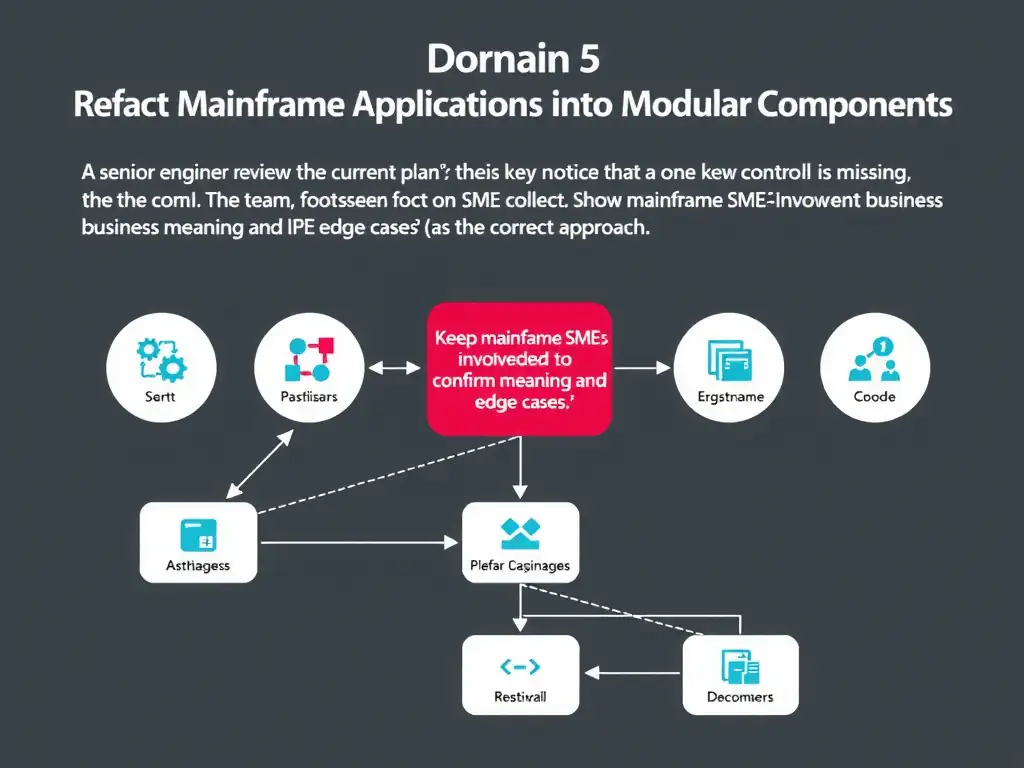 Create a clean educational infographic about IBM Mainframe concepts for Domain 5 Refactor Mainframe Applications Into Modular Components. Visually represent: A senior engineer reviews the current plan and notices that one key control is missing. The team is focused on SME colla Show a labeled diagram highlighting 'Keep mainframe SMEs involved to confirm business meaning and edge cases.' as the correct approach. Include icons for mainframe components, arrows showing relationships, and a clear visual hierarchy..