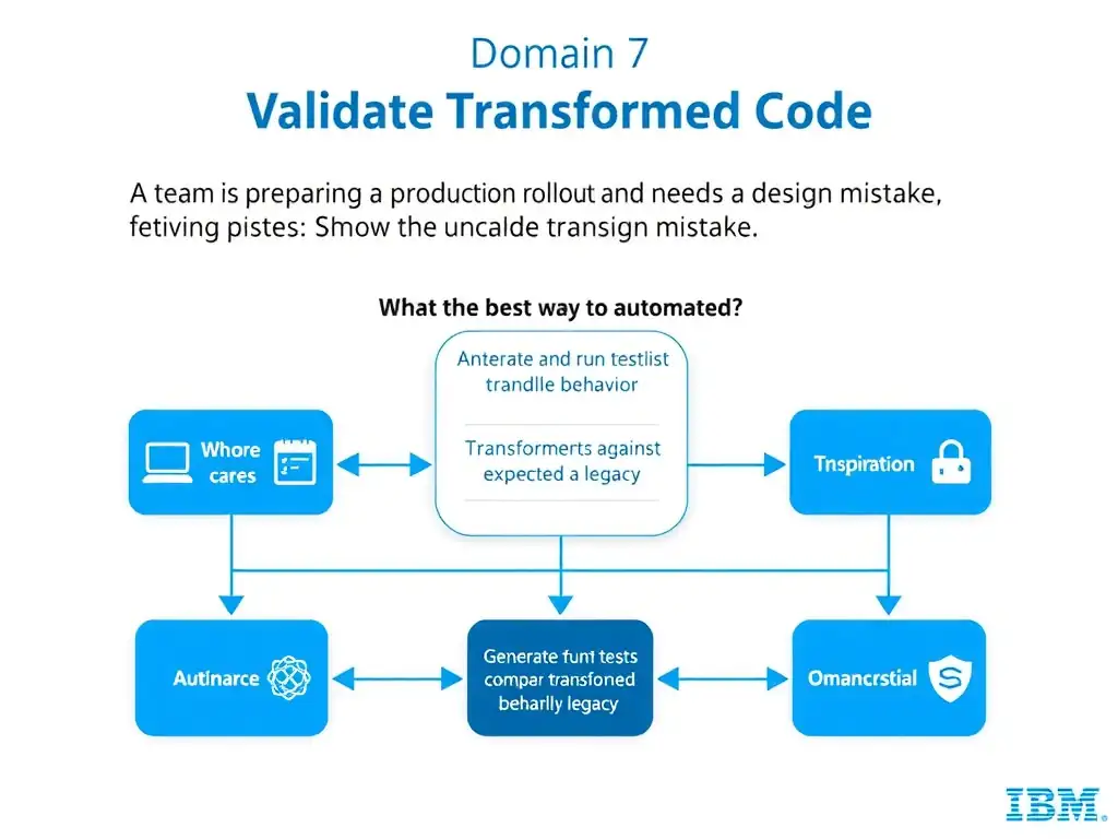 Create a clean educational infographic about IBM Mainframe concepts for Domain 7 Validate Transformed Code. Visually represent: A team is preparing a production rollout and needs to avoid a design mistake. What is the best way to handle automated v Show a labeled diagram highlighting 'Generate and run tests that compare transformed behavior against expected legacy' as the correct approach. Include icons for mainframe components, arrows showing relationships, and a clear visual hierarchy. Use blue.