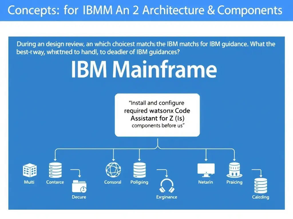 Create a clean educational infographic about IBM Mainframe concepts for Domain 2 Architecture & Components. Visually represent: During a design review, an architect asks which choice best matches the IBM guidance. What is the best way to handle com Show a labeled diagram highlighting 'Install and configure required watsonx Code Assistant for Z components before us' as the correct approach. Include icons for mainframe components, arrows showing relationships, and a clear visual hierarchy. Use blue.