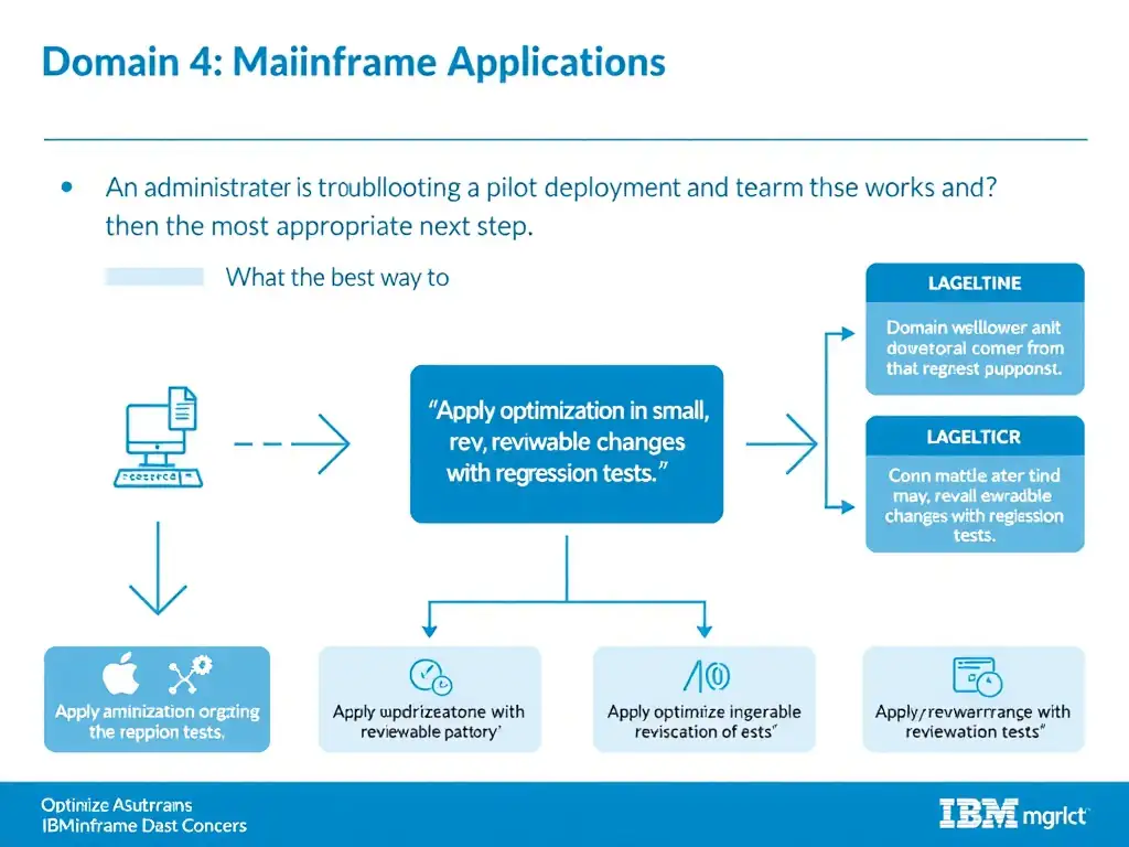 Create a clean educational infographic about IBM Mainframe concepts for Domain 4 Optimize Mainframe Applications. Visually represent: An administrator is troubleshooting a pilot deployment and wants the most appropriate next step. What is the best way to Show a labeled diagram highlighting 'Apply optimization in small, reviewable changes with regression tests.' as the correct approach. Include icons for mainframe components, arrows showing relationships, and a clear visual hierarchy. Use blue and white color scheme with IBM-style clean technical aesthetic.