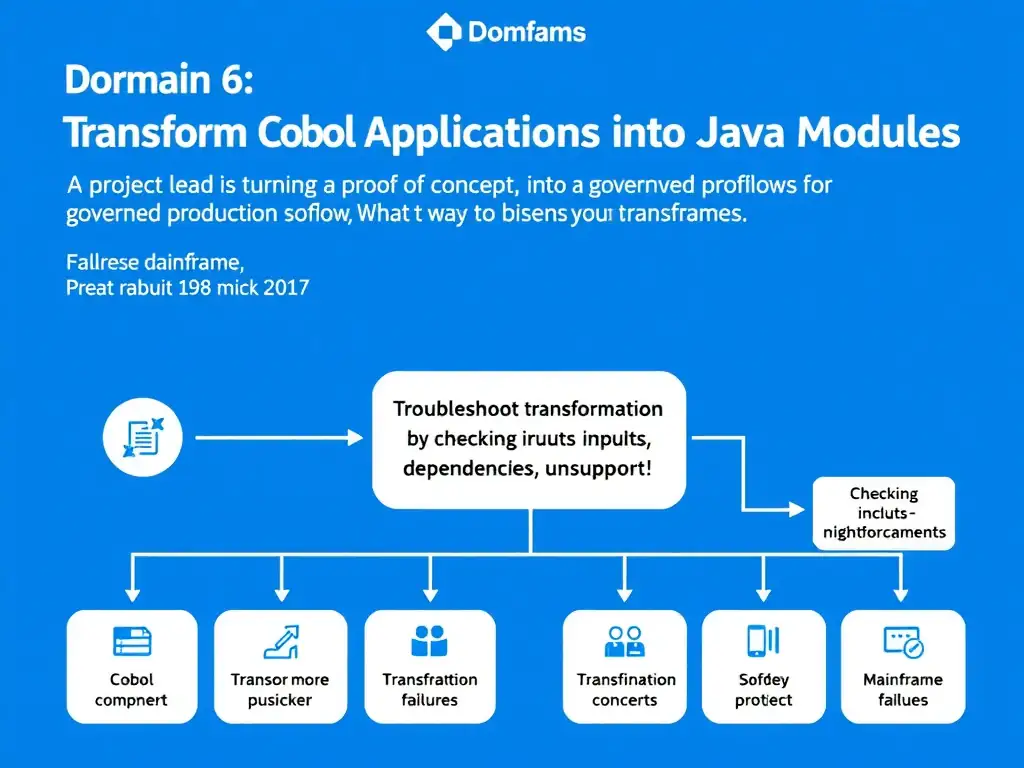 Create a clean educational infographic about IBM Mainframe concepts for Domain 6 Transform Cobol Applications Into Java Modules. Visually represent: A project lead is turning a proof of concept into a governed production workflow. What is the best way to handle transfo Show a labeled diagram highlighting 'Troubleshoot transformation failures by checking inputs, dependencies, unsupport' as the correct approach. Include icons for mainframe components, arrows showing relationships, and a clear visual hierarchy. Use blue and.