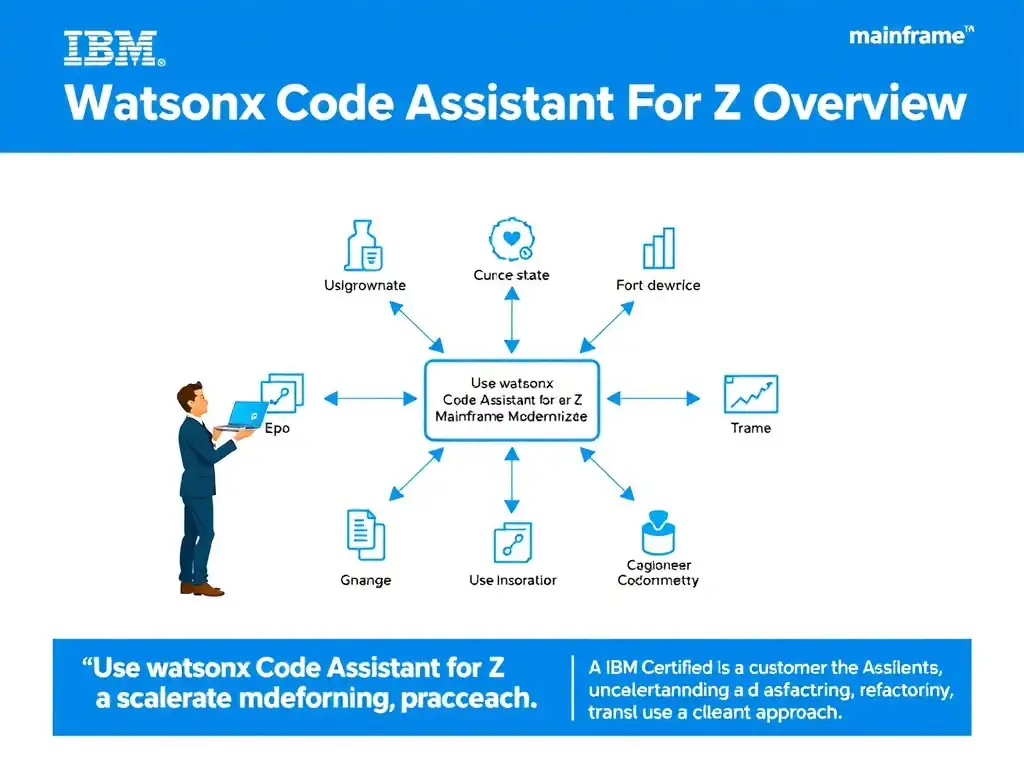 Create a clean educational infographic about IBM Mainframe concepts for Domain 1 Watsonx Code Assistant For Z Overview. Visually represent: A consultant is advising a customer that wants a scalable implementation. For IBM Certified watsonx Mainframe Modernizat Show a labeled diagram highlighting 'Use watsonx Code Assistant for Z to accelerate understanding, refactoring, trans' as the correct approach. Include icons for mainframe components, arrows showing relationships, and a clear visual hierarchy. Use blue and white color.