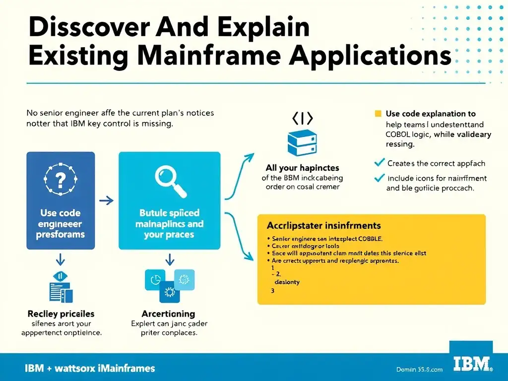 Create a clean educational infographic about IBM Mainframe concepts for Domain 3 Discover And Explain Existing Mainframe Applications. Visually represent: A senior engineer reviews the current plan and notices that one key control is missing. For IBM Certified watsonx Mainfr Show a labeled diagram highlighting 'Use code explanation to help teams understand COBOL logic while validating resul' as the correct approach. Include icons for mainframe components, arrows showing relationships, and a clear visual hierarchy. Use.