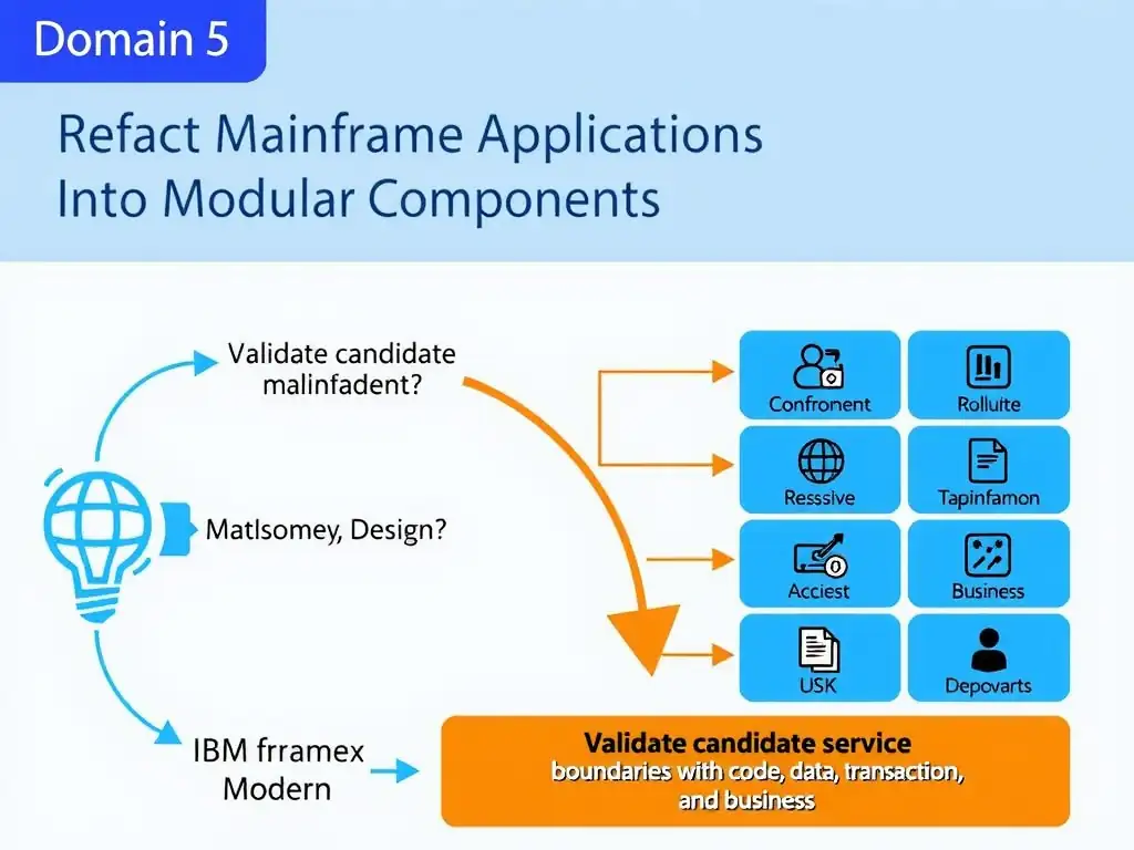 Create a clean educational infographic about IBM Mainframe concepts for Domain 5 Refactor Mainframe Applications Into Modular Components. Visually represent: A team is preparing a production rollout and needs to avoid a design mistake. For IBM Certified watsonx Mainframe Modern Show a labeled diagram highlighting 'Validate candidate service boundaries with code, data, transaction, and business' as the correct approach. Include icons for mainframe components, arrows showing relationships, and a clear visual hierarchy. Use blue and.