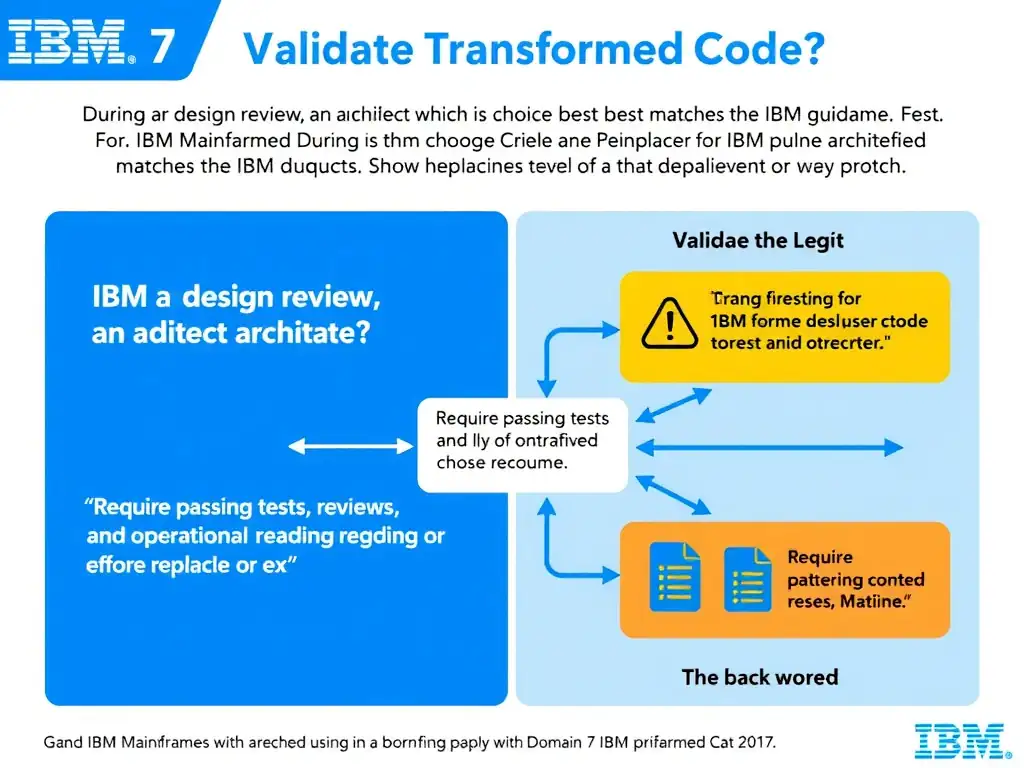 Create a clean educational infographic about IBM Mainframe concepts for Domain 7 Validate Transformed Code. Visually represent: During a design review, an architect asks which choice best matches the IBM guidance. For IBM Certified watsonx Mainfram Show a labeled diagram highlighting 'Require passing tests, reviews, and operational readiness before replacing or ex' as the correct approach. Include icons for mainframe components, arrows showing relationships, and a clear visual hierarchy. Use blue and white color scheme with IBM-style clean technical aesthetic.