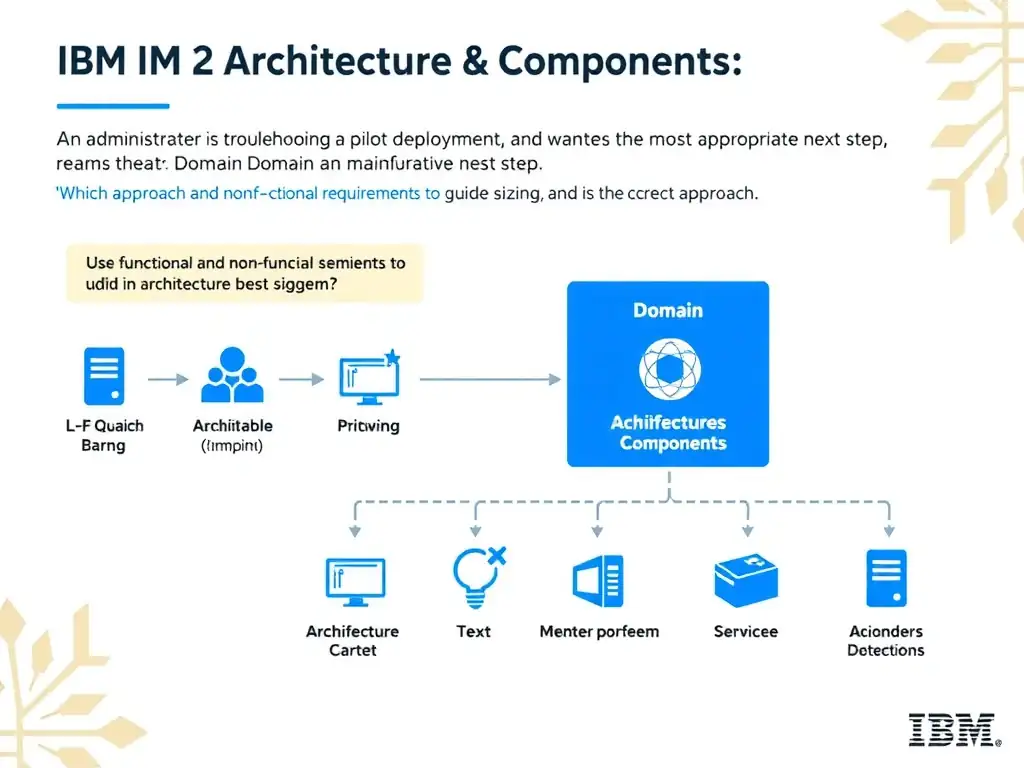 Create a clean educational infographic about IBM Mainframe concepts for Domain 2 Architecture & Components. Visually represent: An administrator is troubleshooting a pilot deployment and wants the most appropriate next step. Which approach best dem Show a labeled diagram highlighting 'Use functional and non-functional requirements to guide architecture, sizing, an' as the correct approach. Include icons for mainframe components, arrows showing relationships, and a clear visual hierarchy. Use blue and white color scheme with IBM-style clean technical aesthetic.