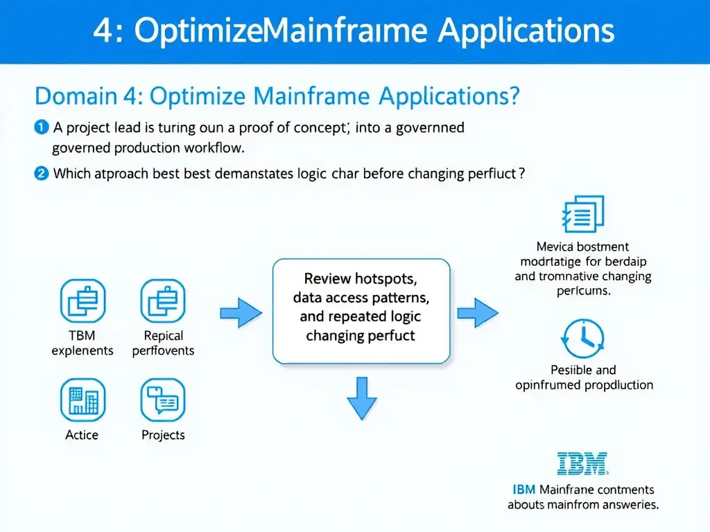 Create a clean educational infographic about IBM Mainframe concepts for Domain 4 Optimize Mainframe Applications. Visually represent: A project lead is turning a proof of concept into a governed production workflow. Which approach best demonstrates perfo Show a labeled diagram highlighting 'Review hotspots, data access patterns, and repeated logic before changing produc' as the correct approach. Include icons for mainframe components, arrows showing relationships, and a clear visual hierarchy. Use blue and white color scheme with IBM-style clean technical aesthetic.