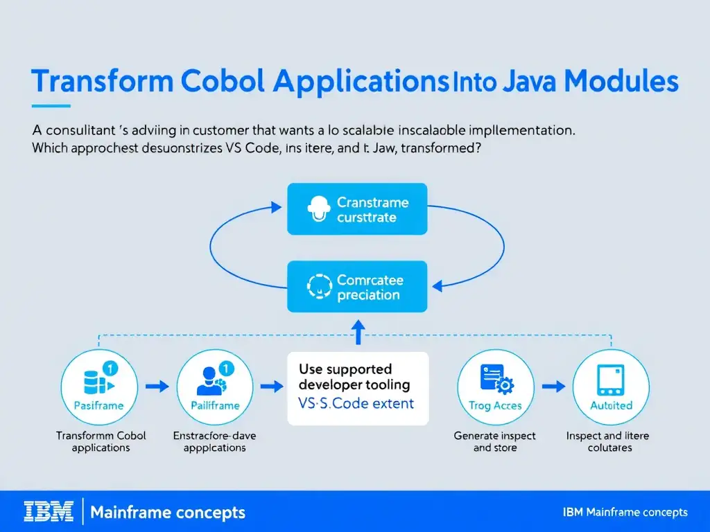 Create a clean educational infographic about IBM Mainframe concepts for Domain 6 Transform Cobol Applications Into Java Modules. Visually represent: A consultant is advising a customer that wants a scalable implementation. Which approach best demonstrates VS Code exten Show a labeled diagram highlighting 'Use supported developer tooling to generate, inspect, and iterate on transformed' as the correct approach. Include icons for mainframe components, arrows showing relationships, and a clear visual hierarchy. Use blue and white.