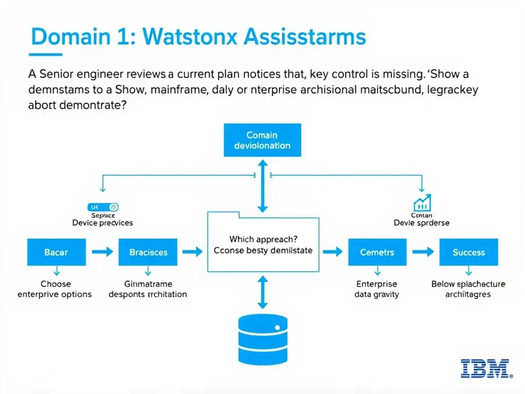 Create a clean educational infographic about IBM Mainframe concepts for Domain 1 Watsonx Code Assistant For Z Overview. Visually represent: A senior engineer reviews the current plan and notices that one key control is missing. Which approach best demonstrates Show a labeled diagram highlighting 'Choose deployment options based on enterprise architecture, data gravity, integr' as the correct approach. Include icons for mainframe components, arrows showing relationships, and a clear visual hierarchy. Use blue and white.